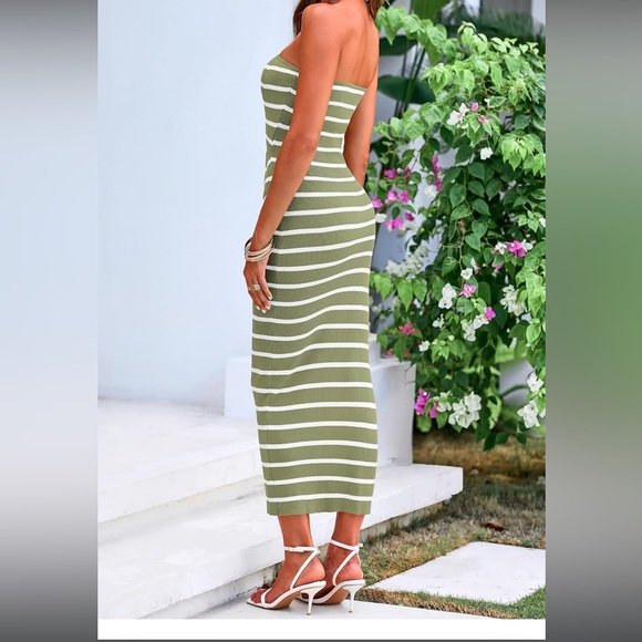 Striped Strapless Dress - Green and White - Picture 2 of 3